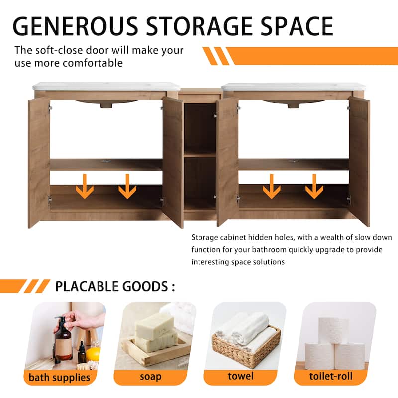 Bathroom Vanity With Sink In 36/40/48/52/60/64/84/92 Inch, Freestanding Bathroom Vanity With Doors and Adjustable Shelf