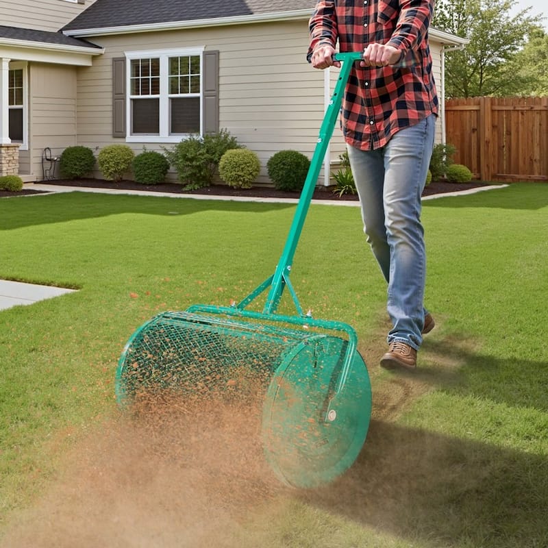 Green Steel Adjustable Lawn Compost Spreader with Push and Tow Handle - 23.6 L x 15.7 W x 43.3-49.2 H in.