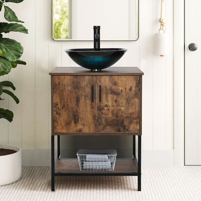 24" Bathroom Vanity Sink Set Brown Free-standing Manufactured Wood with Sink Faucet Drain Combo