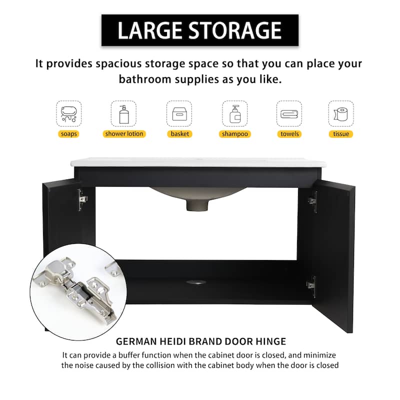 Modern 30'' Wall-Mounted Vanity with Ceramic Sink & Triple Soft-Close Cabinet Doors