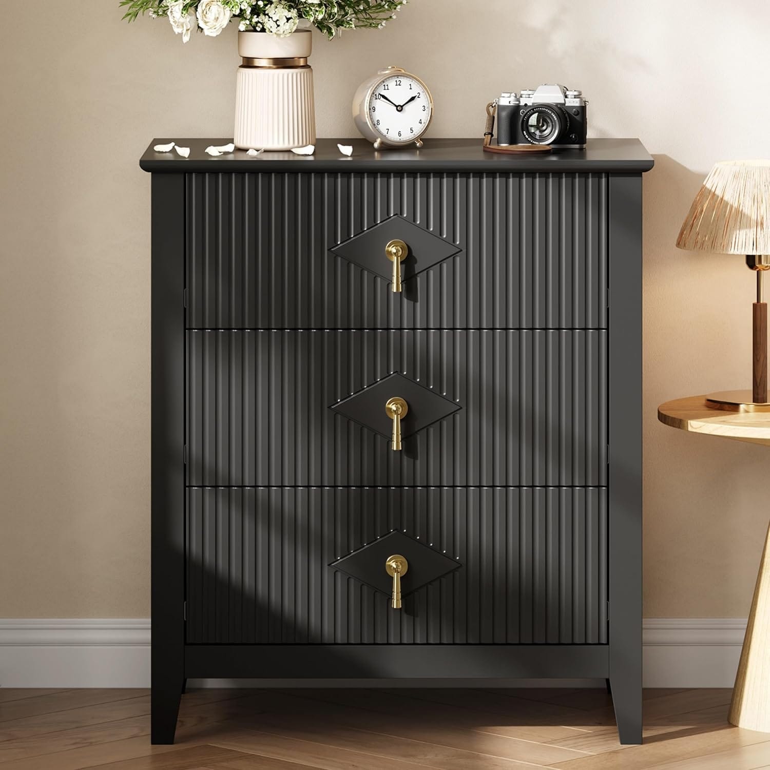 Wood Nightstand Fluted Dresser, Drawer Bedside Tables Modern Chest Storage End Table Living Room Hallway Entryway