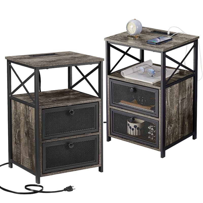 VECELO (Set of 2) Mid century Modern Nightstand with Charging Station and USB Port - Old School