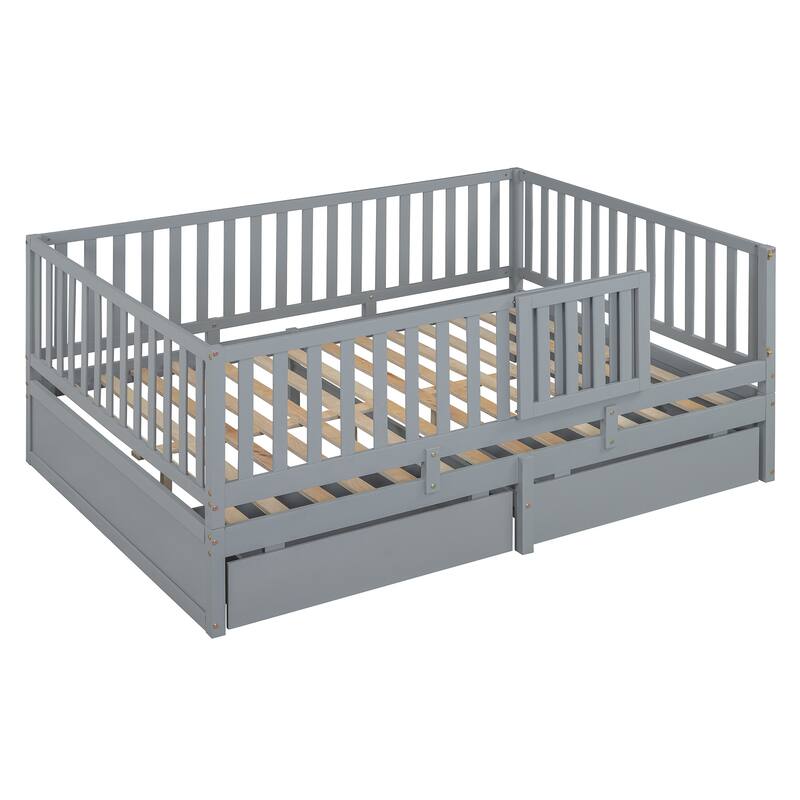 Full Size Wood Daybed with Fence Guardrails and 2 Drawers, Converts to Floor Bed or Daybed, Gray