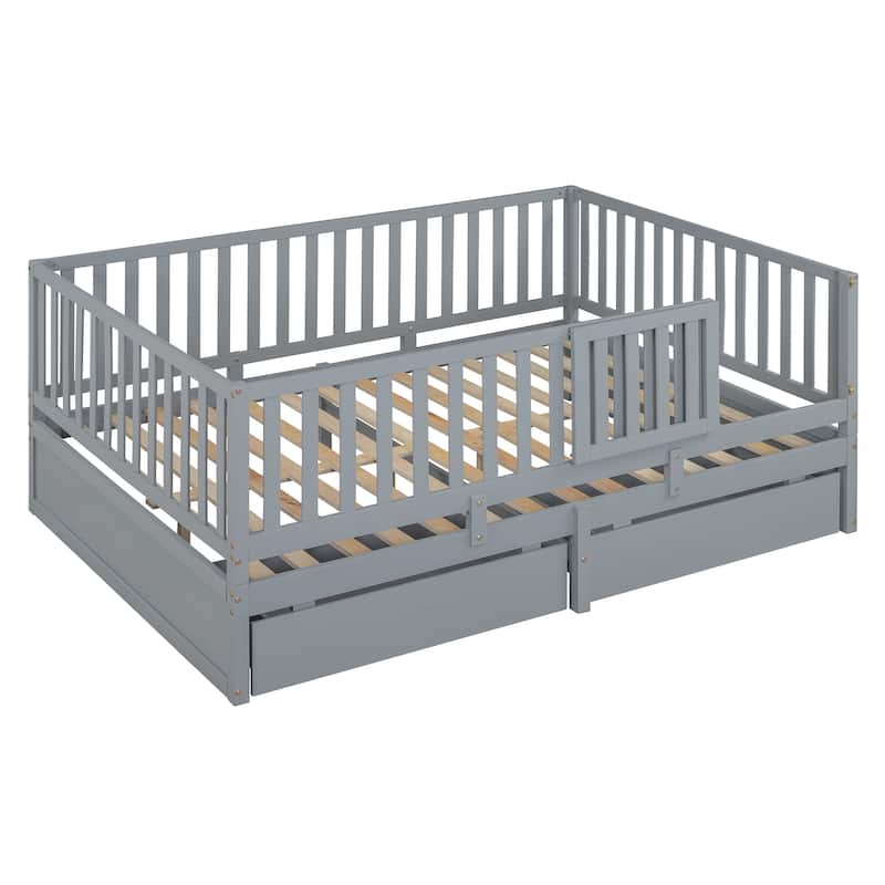 Sturdy Floor Bed with Fence Guardrails and 2 Drawers