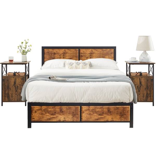 Javlergo Industrial 3Piece Bedroom Set with Platform Bed Frame and Set