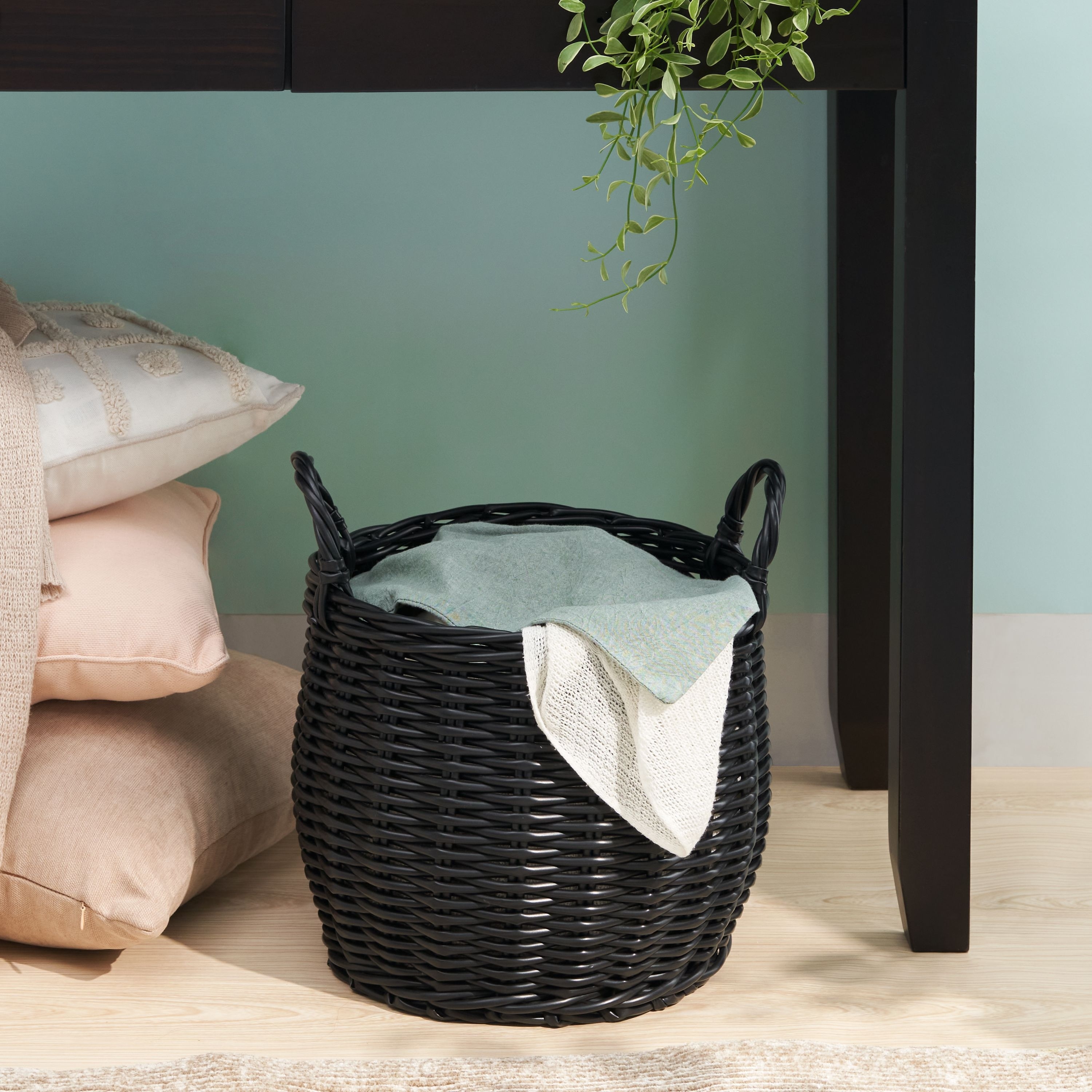 Lucius Round Resin Woven Wicker Basket with Handles - 13