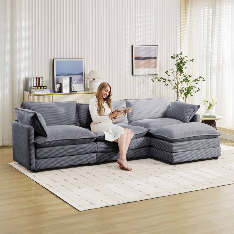 3-Seat Corduroy Modular Sofa with an Independent Removable Ottoman for Living Room or Business