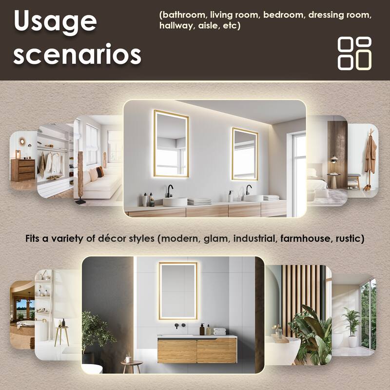 Apollo Rectangular Anti-Fog Dimmable Modern Bathroom/Vanity LED Lighted Wall Mirror in Brushed Gold Aluminum Framed