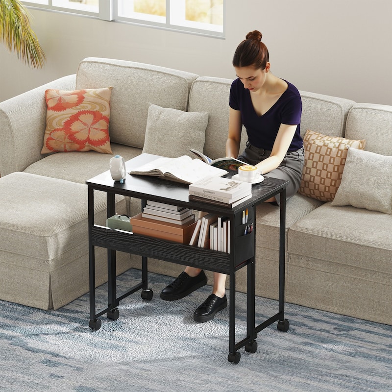 Mobile Foldable Desk with Storage Shelf and Drop-Leaf Design for Narrow Spaces and Home or Office