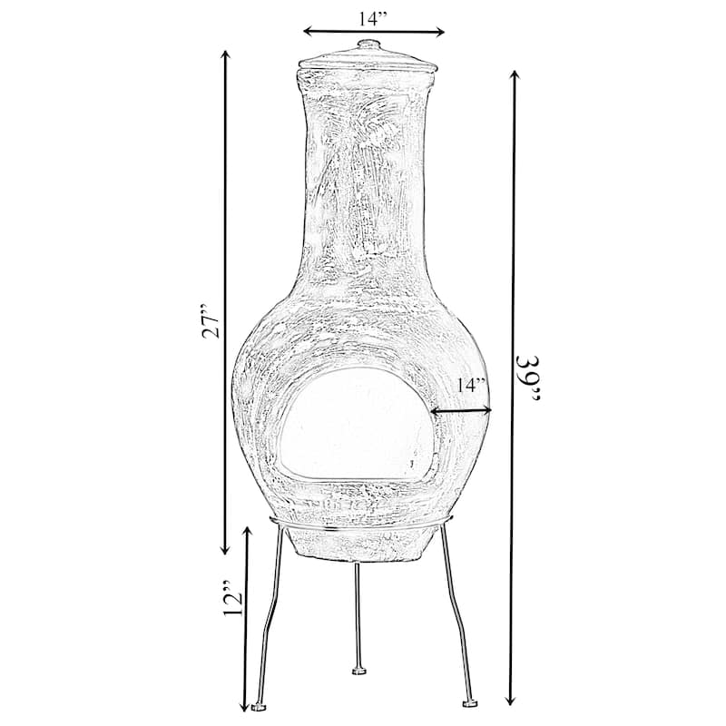 Gray Outdoor Clay Chiminea Outdoor Fireplace Stoney Scribbled Design Charcoal Burning Fire Pit with Sturdy Metal Stand, Barbecue