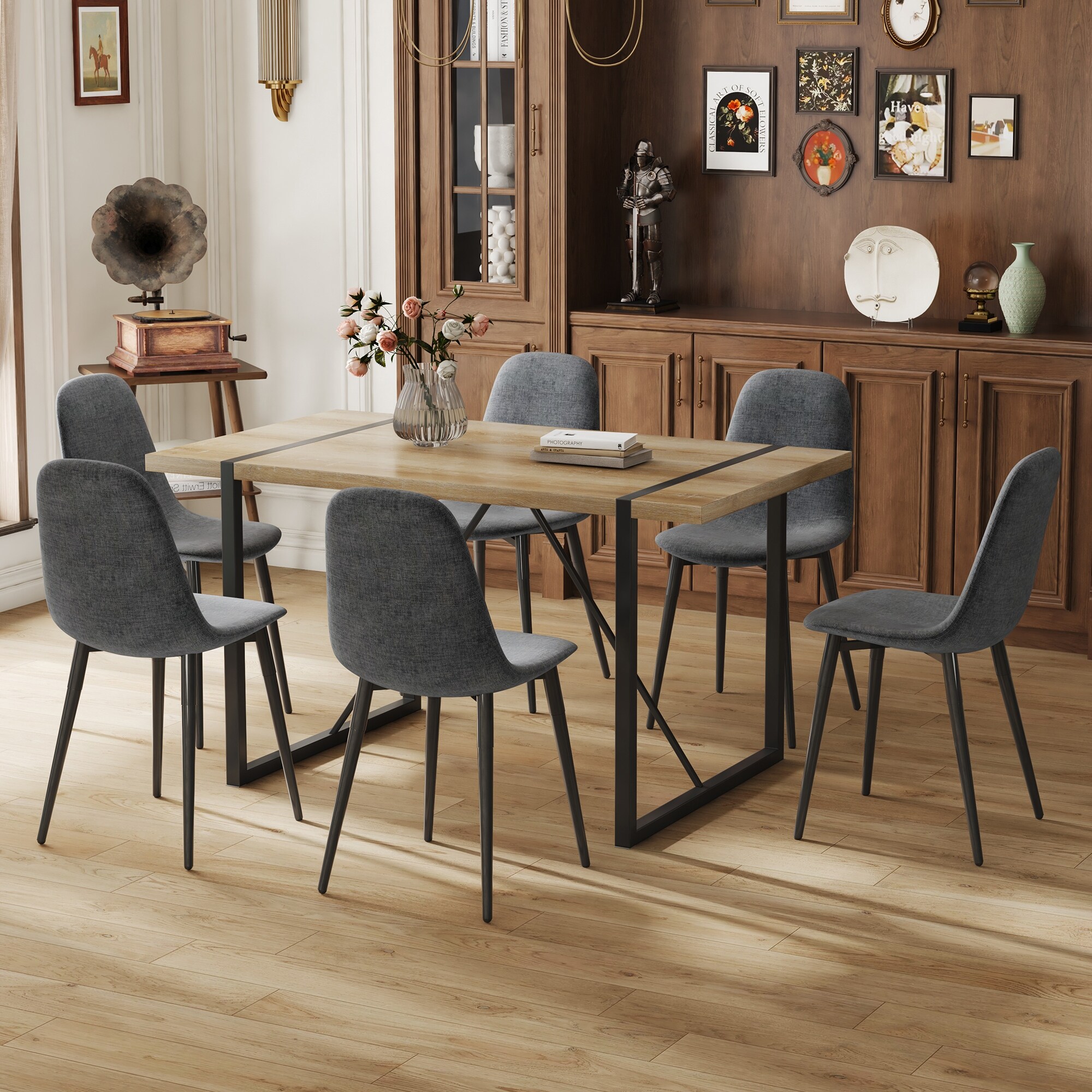 Modern Upholstered Dark Gray Dining Chairs with Rustic Wood Table Black Metal Legs Bed Bath Beyond 42385036