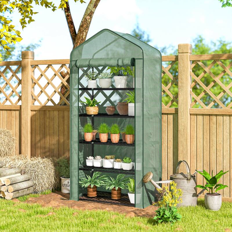 Outsunny 5 Tier Mini Greenhouse, 76" x 35.4" x 19.3" Small Portable Greenhouse with Reinforced PE Cover, Green