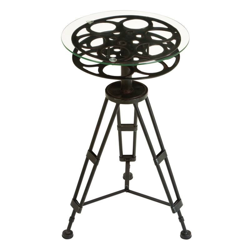 Black Metal Film Reel Accent Table with Tripod Legs and Glass Top