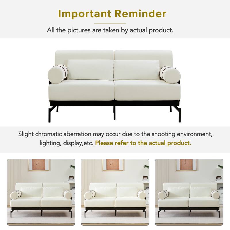 Chenille Loveseat Sofa, 59" 2 Seater Sofa with USB Ports, Round Arms, Adjustable Faux Leather Straps for Living Room