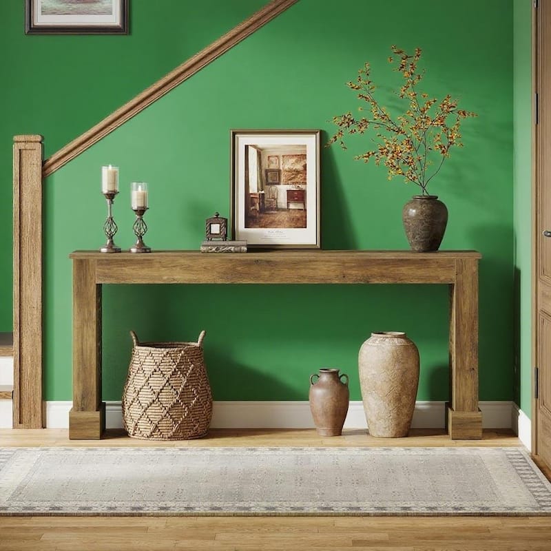Brown MDF Retro Console Table with Double Pedestal and Storage - 63” L x 11.81” W x 31.5” H