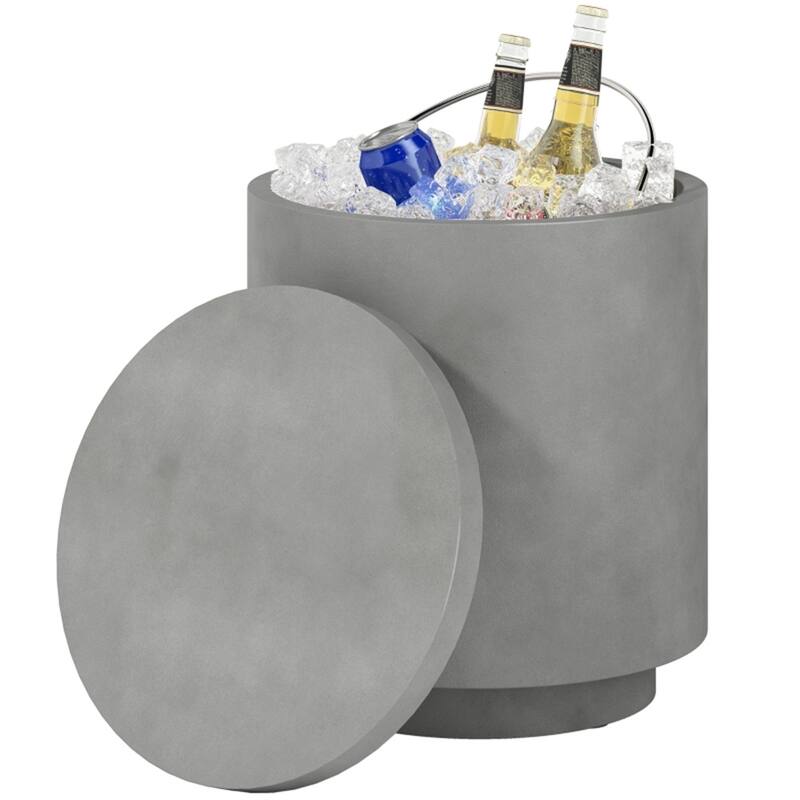 Outdoor Bar Cart With Cooler Storage Box And Concrete Top - 14.8" Dia. x 17.1" H