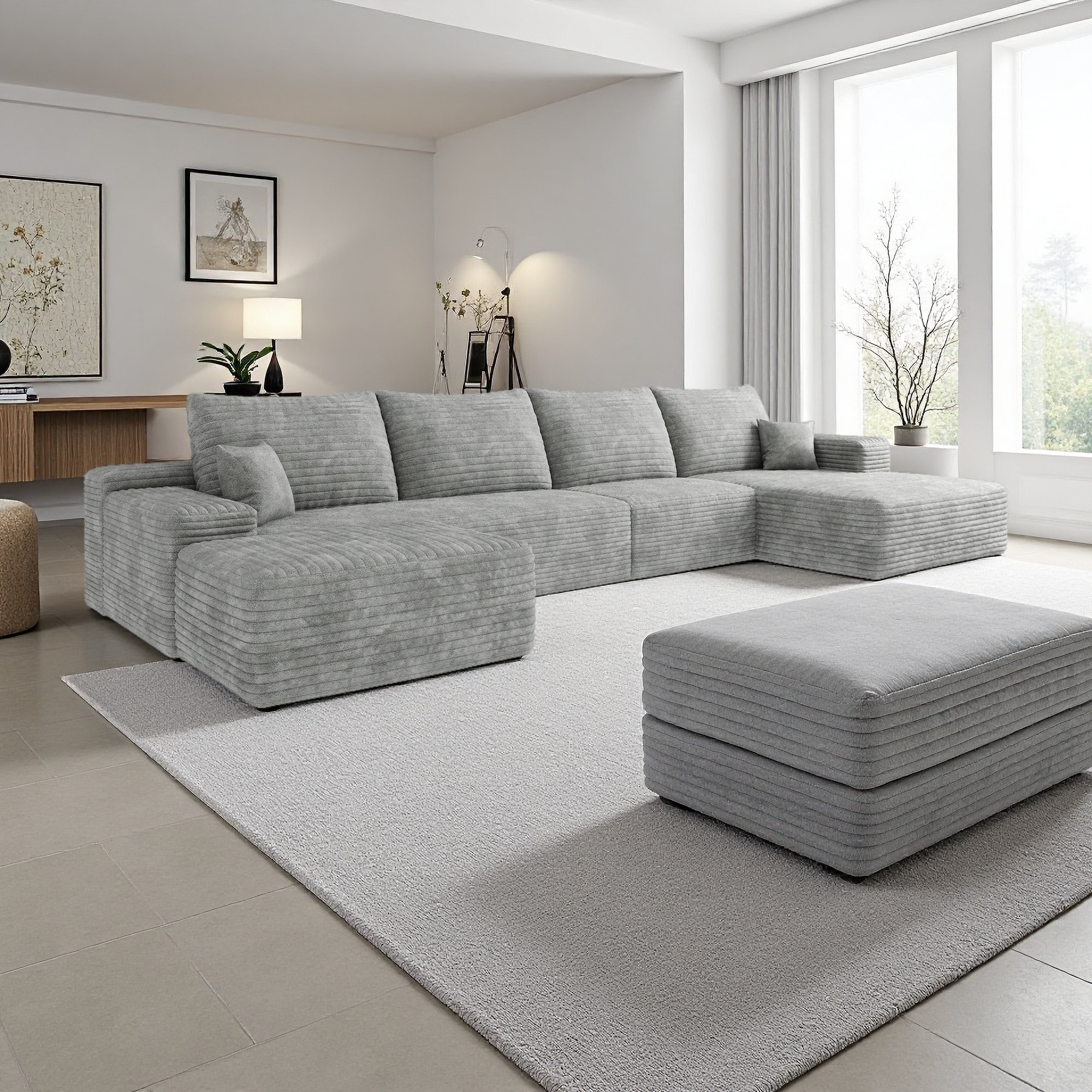 135" Corduroy U-Shaped 5-Seat Sectional Sofa with Ottoman, No Assembly (Right Chaise)