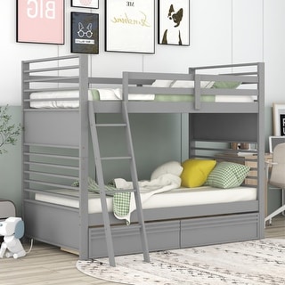 Twin over Twin Wood Bunk Bed with Ladder and Two Drawers, Grey