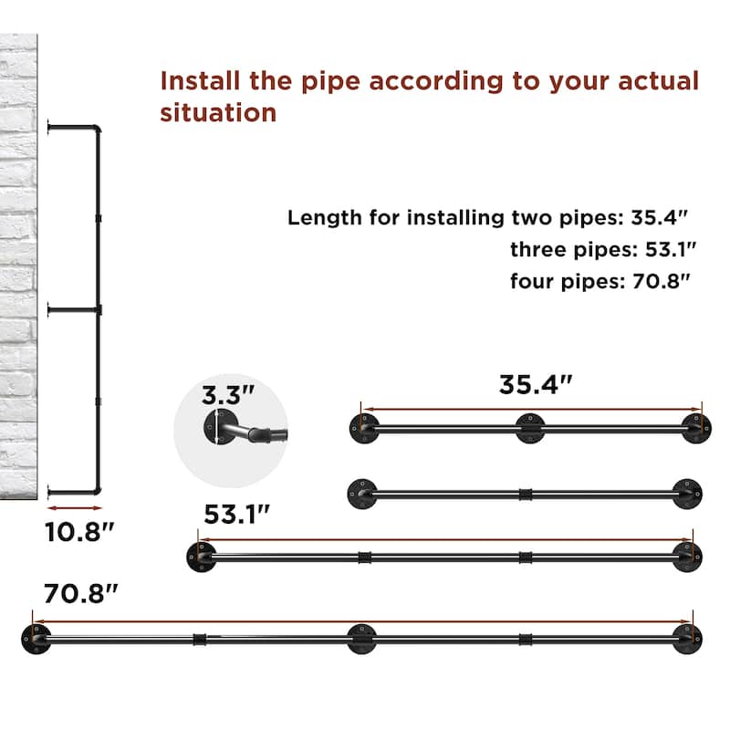 70.8'' Long Industrial Pipe Wall Mounted Clothes Rail Rack Hanging Bar