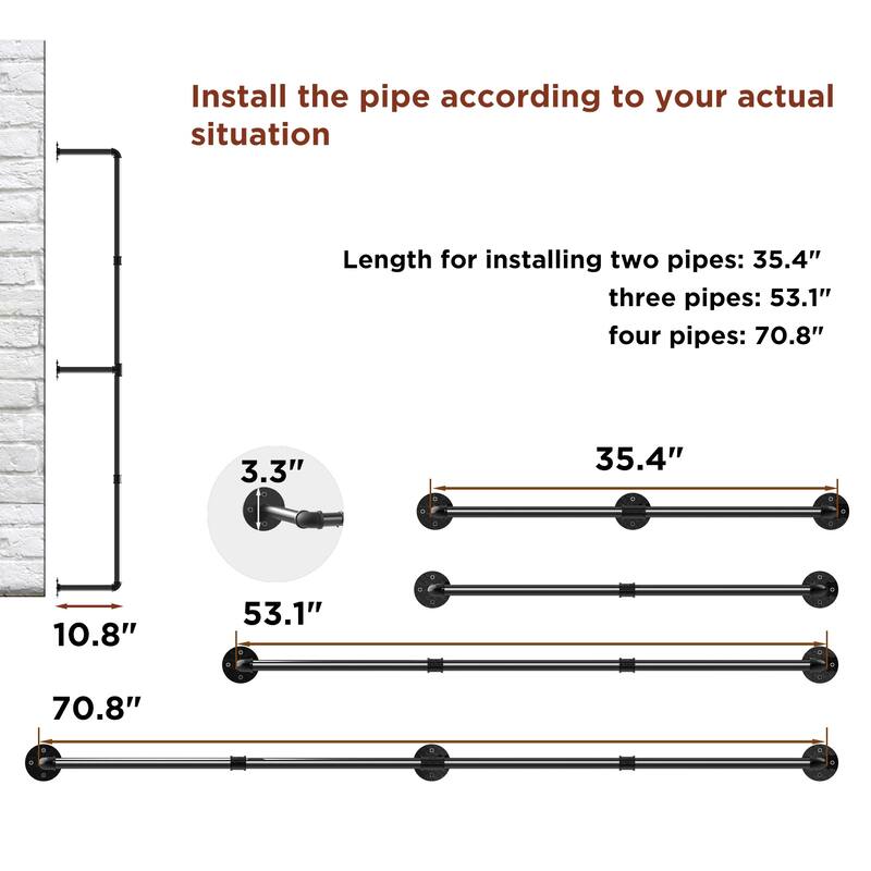 70.87" Long Industrial Pipe Clothes Rack Wall Mounted Hanging Rail