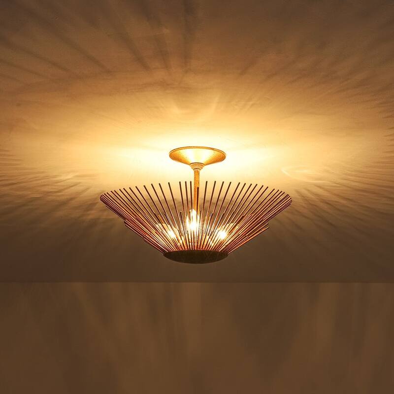 3-Light Vintage Luxe Gold Leaf Sunburst Semi Flush Ceiling Light