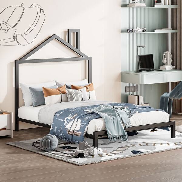 slide 2 of 9, Black Full Size Metal Platform Bed with House-Shaped Headboard Design for Kids, Boys and Girls Full - Black