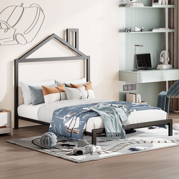 slide 2 of 9, Black Full Size Metal Platform Bed with House-Shaped Headboard for Kids Full - Black