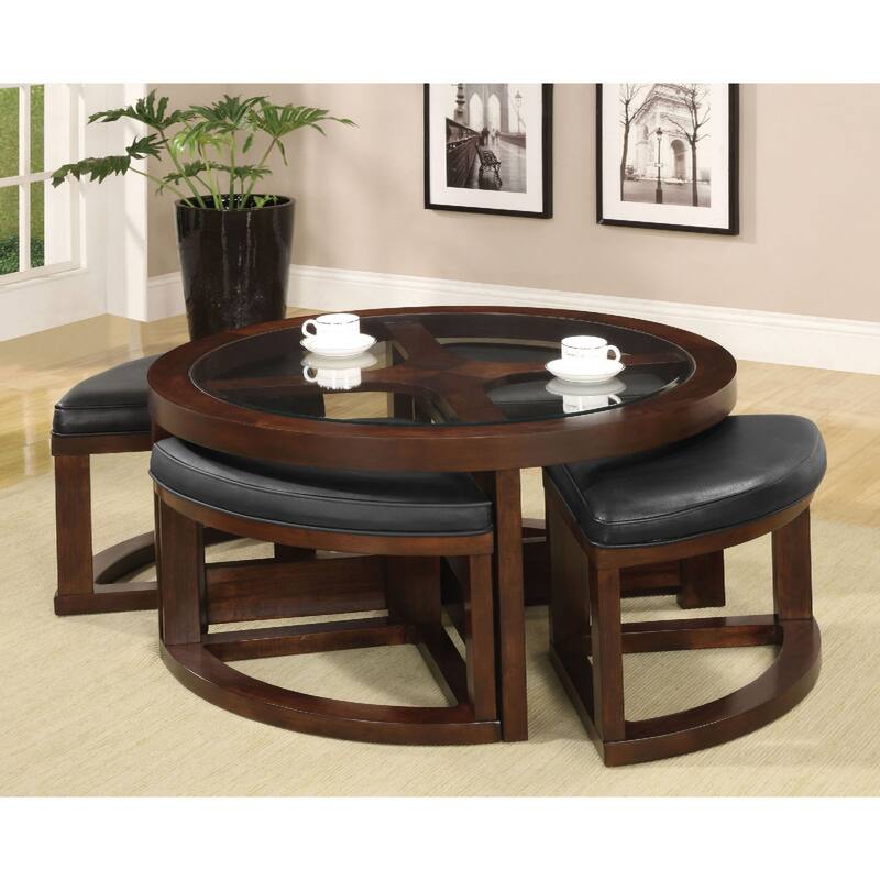 Glass and Wood Coffee Table With 4 Padded Ottomans in Walnut