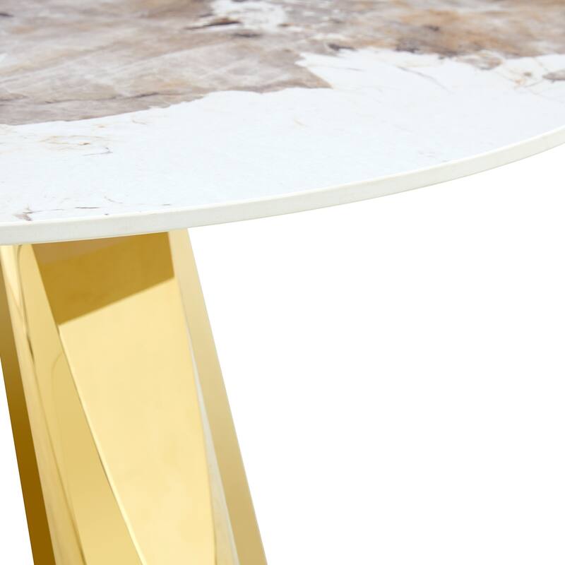 A 42-Inch Round Table with Stainless Steel Legs and a Marble Top, Perfect for 4 to 6 People.
