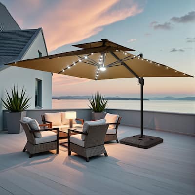 Outdoor Solar Powered LED Double Top Patio Cantilever Umbrella with Base Stand