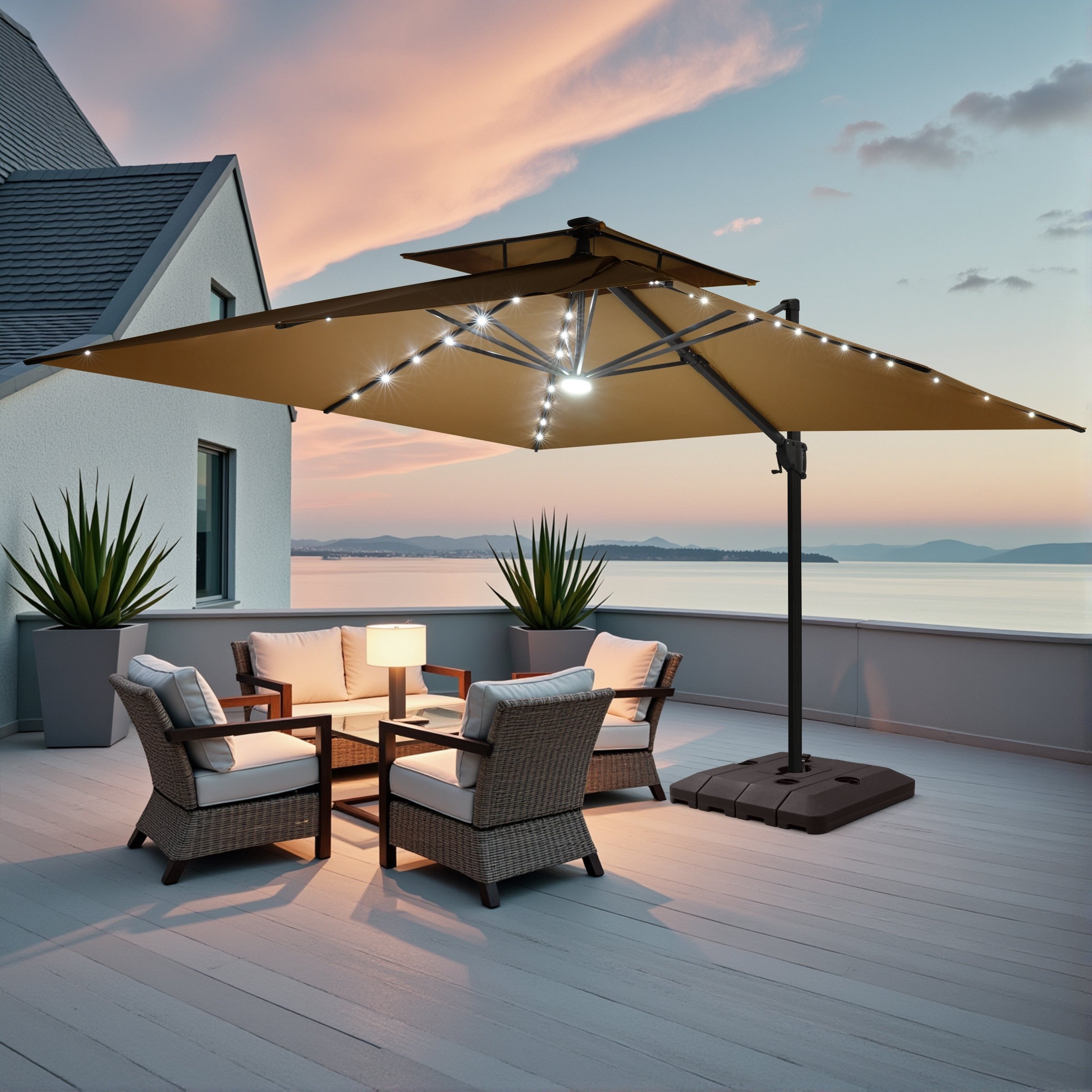 11 FT Outdoor Square Solar Powered LED Double Top Patio Cantilever Umbrella with Base Stand