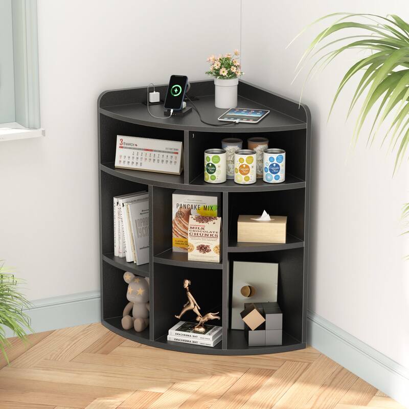 VECELO 4-Tier Adjustable Corner Bookshelf with Charging Station 3 AC Outlets & 2 USB Ports Waterproof Eco-Friendly Design