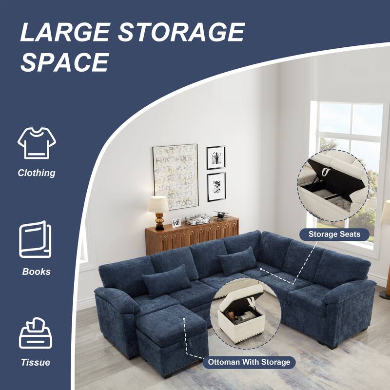 L-Shaped Chenille Sectional Sofa with Pull-Out Bed, Upholstered Convertible 7-Seater Sofa with Storage Ottoman & 2 Pillows