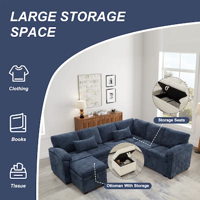 L-Shaped Corner Sectional Sofa with Seat and Storage Ottoman, Chenille Sofa Bed with 2 Pillows for Living Room Sleeper Couch