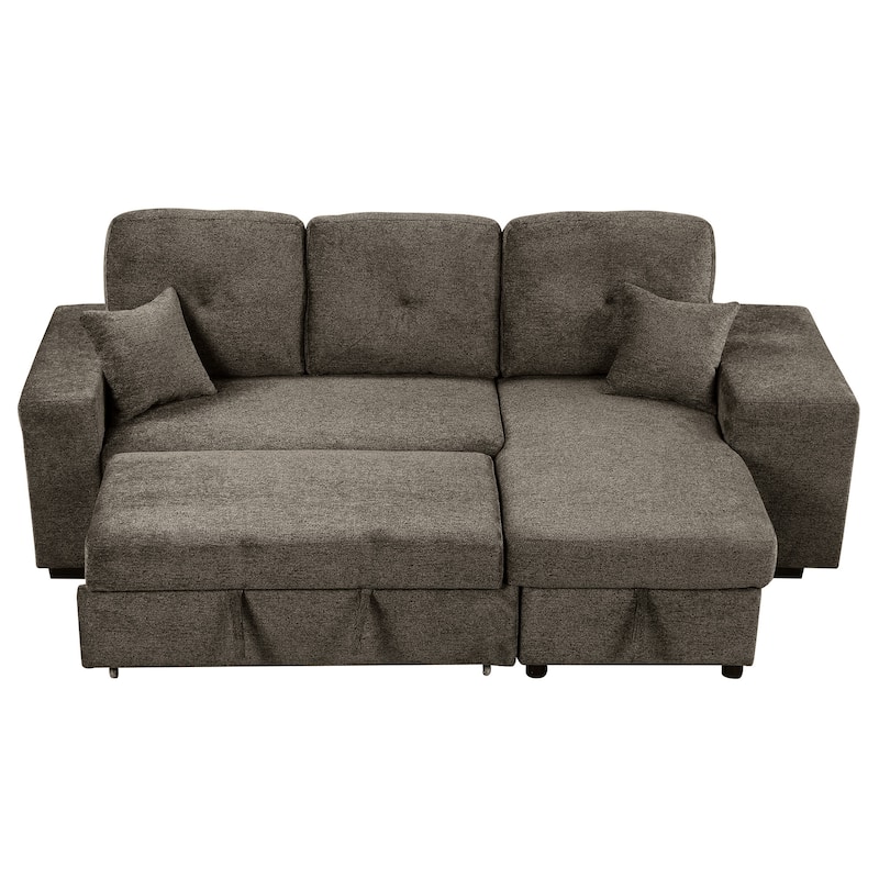 Reversible Pull-Out Sofa Bed with Side Shelf, 2 Stools and Storage Chaise