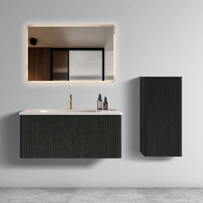 36" Etna Floating Vanity with White Ceramic Sink, Striped Black Oak Texture, Curved Edges