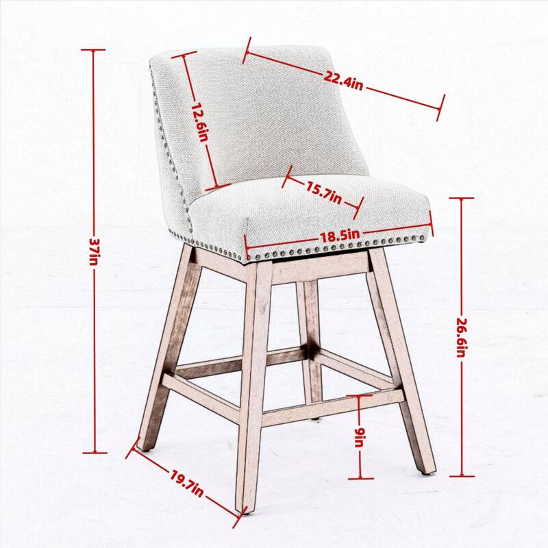 Counter Height Bar Stools Set of 2, Swivel Bar Stools with Curved Back, Upholstered Dining Chairs with Solid Wood Legs