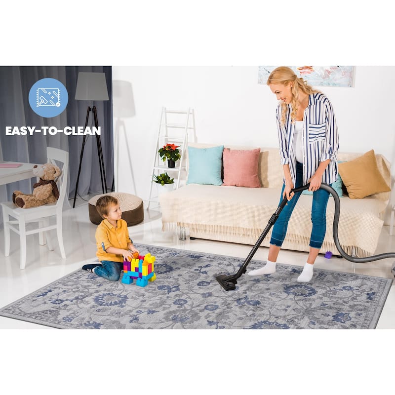 LOOM & LUXE Collection 2X8 Blue/Silver/Oriental Non-Shedding Area Rug - 96" D x 26" W x 0.35" H