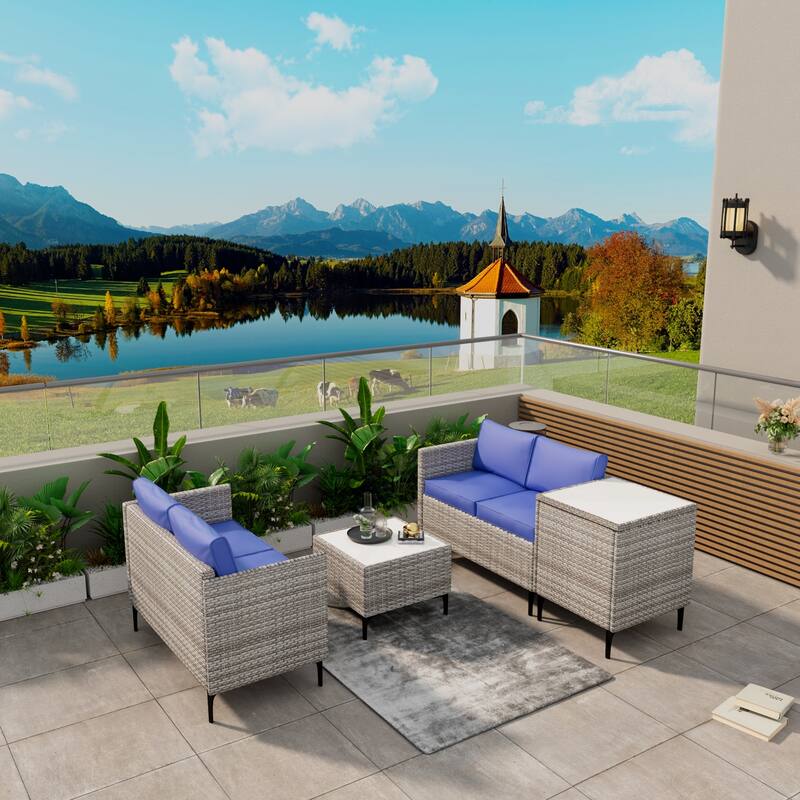 4-Piece Rattan Patio Set – Modular Sectional with Storage Box & Glass Table, Weather-Resistant for Outdoor Lounge,