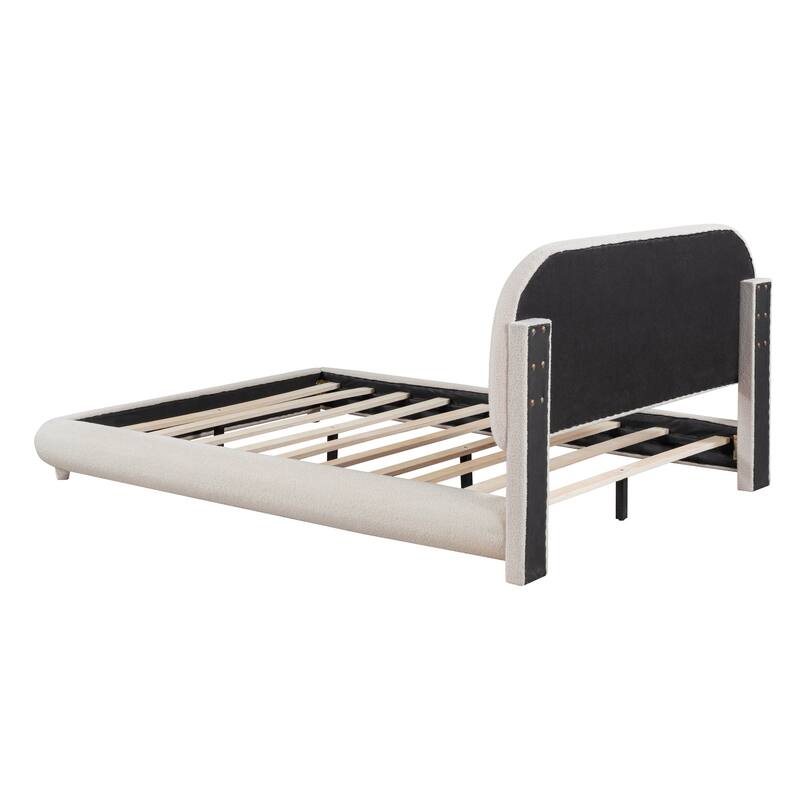 Curve-Shaped Teddy Fleece Upholstered Platform Bed Thick Fabric Low Profile Bed for Bedroom, Solid Wood Frame Slat Support