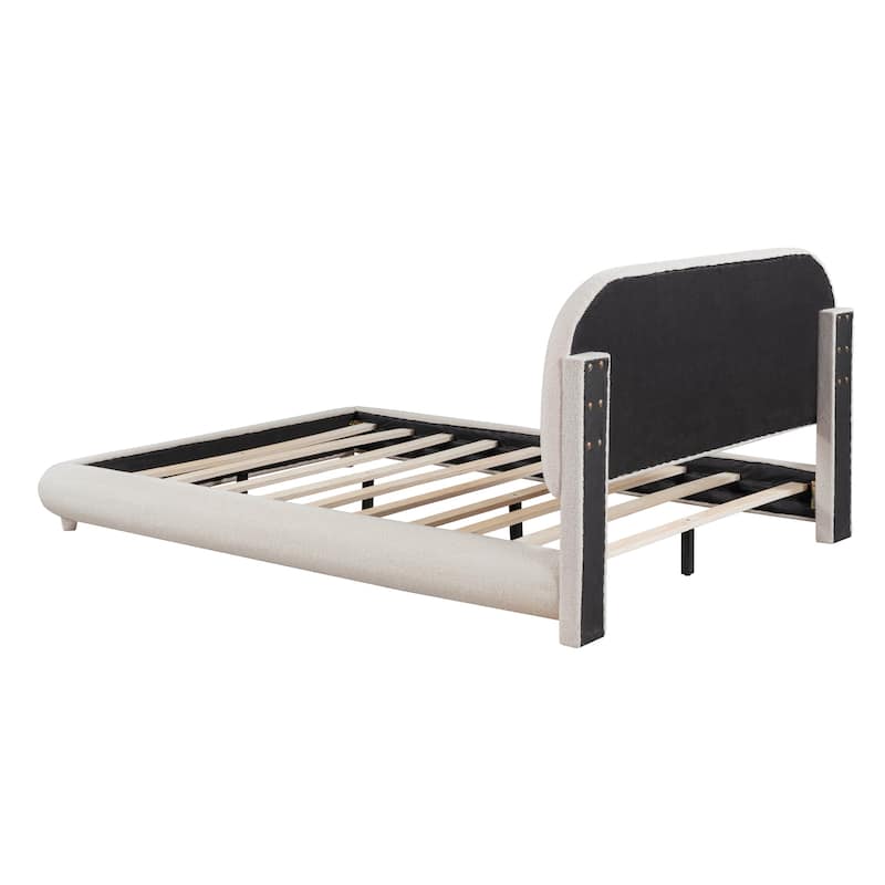 Teddy Fleece Full Size Upholstered Platform Bed with Thick Fabric, Solid Frame and Stylish Curve-shaped Design, Beige