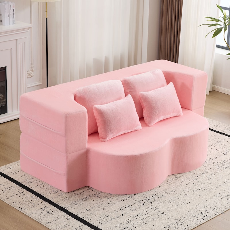 Queen Foldable Sleeper Sofa, Floor Couch Sofa Bed, High-Density Foam Convertible Lounge Sofa Loveseat - Pink