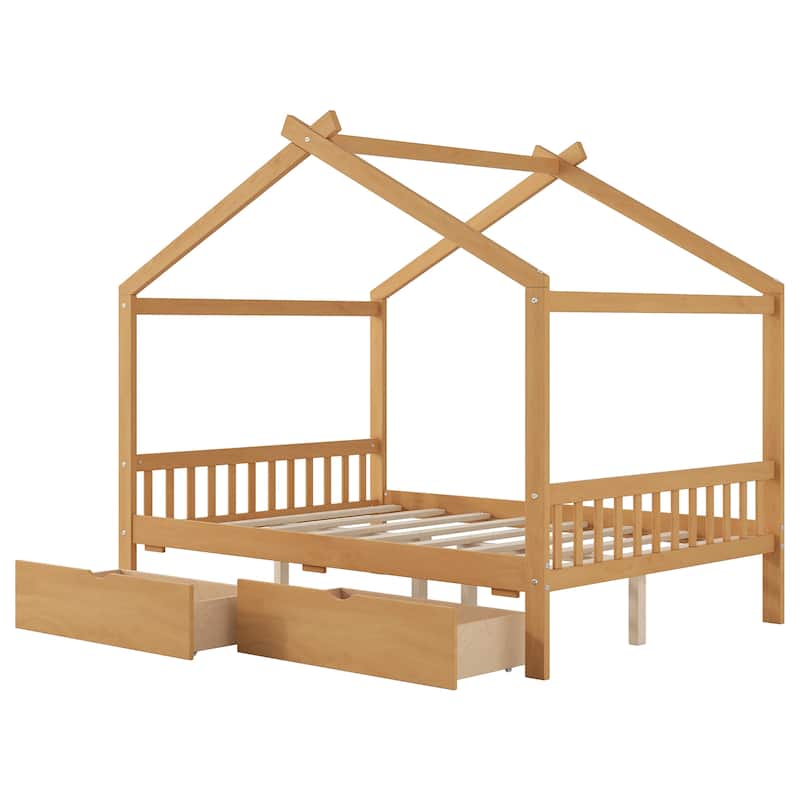 Full Size Platform Bed w/Drawers, Headboard, Footboard, Roof Design