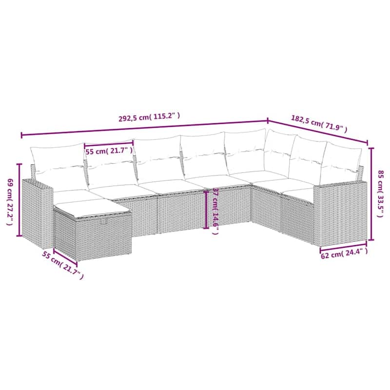 vidaXL Patio Sofa Set with Cushions Outdoor Conversation Furniture Poly Rattan - 24.4" x 24.4" x 27.2"