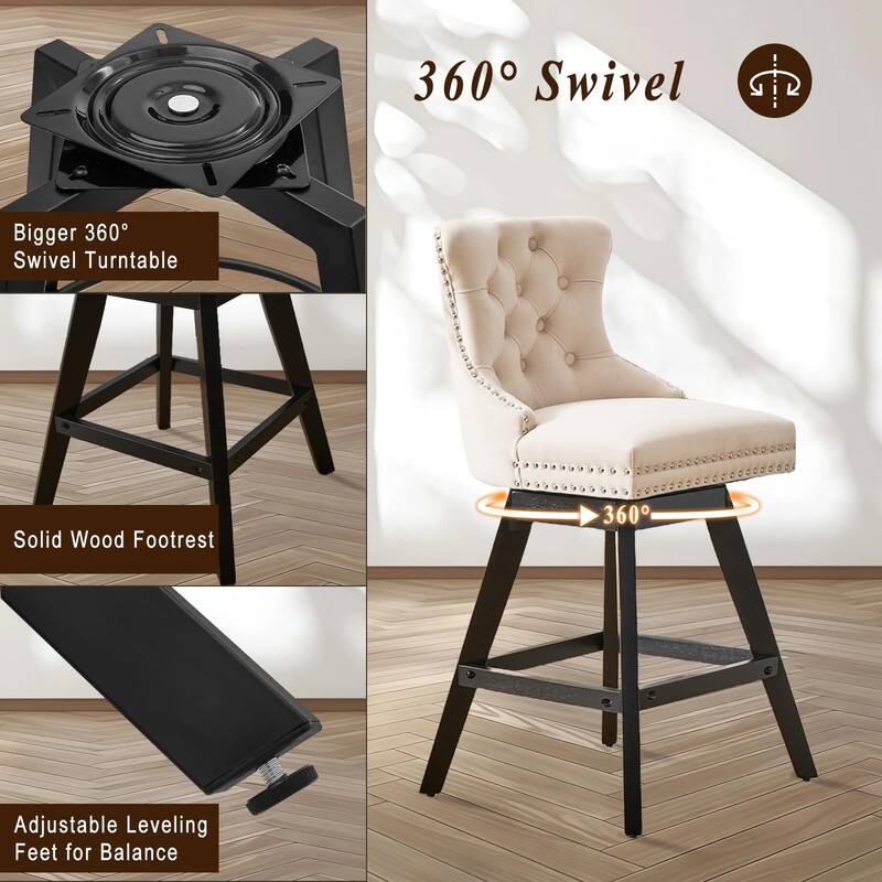 Tufted Swivel Velvet Rubberwood Nailhead Barstools (Set of 2)