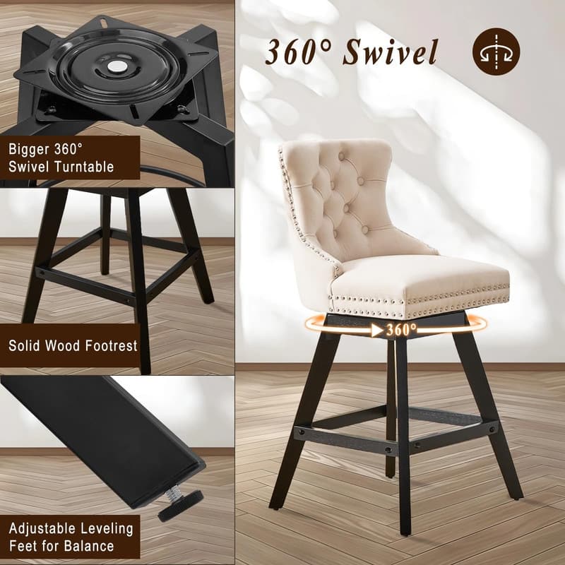 Velvet Wing-Back Tufted Nailhead Upholstered Bar Stools (Set of 4)