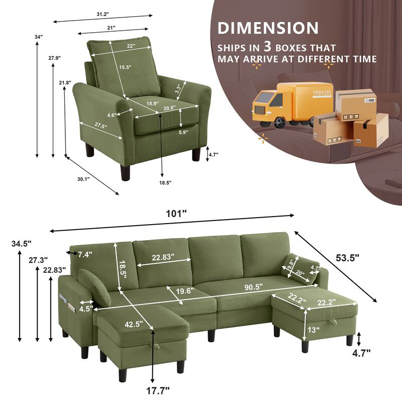 101"Corduroy 3 Piece Living Room Set Including 4 Seater Sofa ,2 Storage Ottoman and Chair