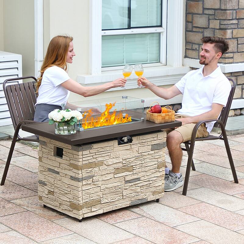 43" Propane Fire Pit Table, 50,000 BTU Faux Stone Fire Pit for Gatherings, CSA Certified Fire Table