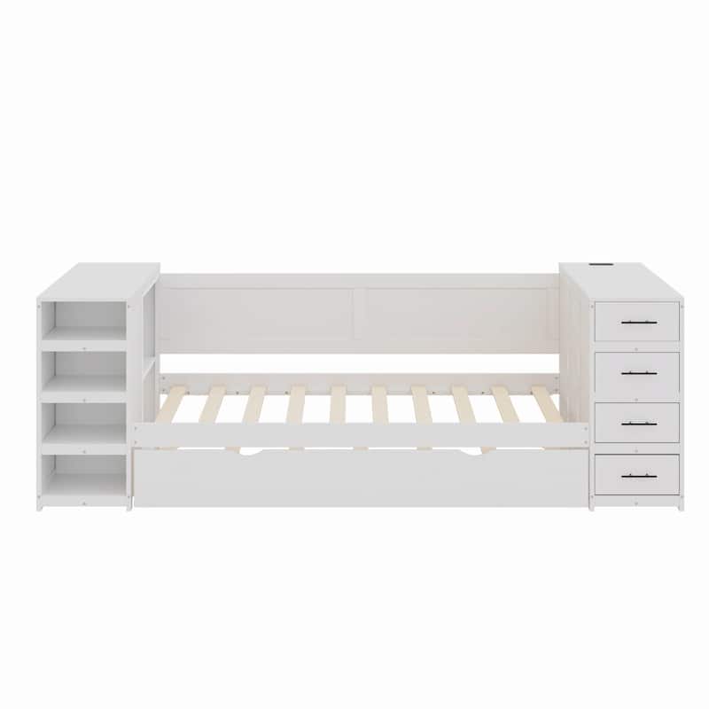 White Wooden Twin Size Daybed with Drawer and USB