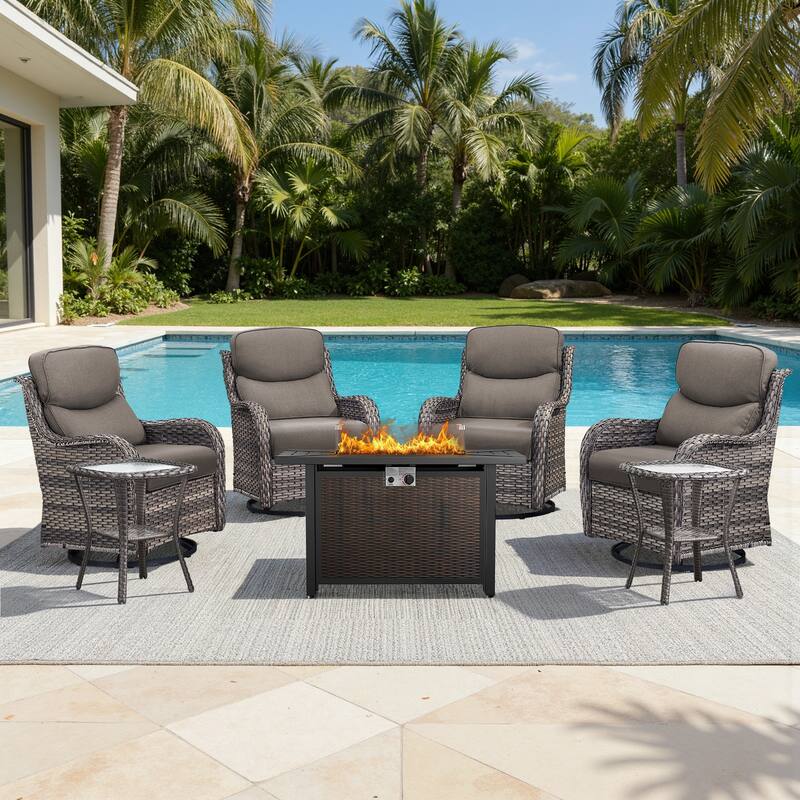 Meyreso 7-Piece Outdoor Patio Wicker Fire Pit 4 person Conversation Set with 5-Inch Thick Cushions